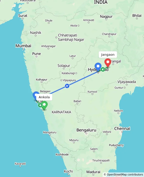 Route map showing distance and travel time from Ankola, India to Jangaon, India