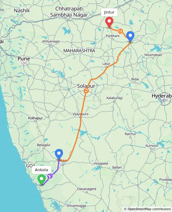 Route map showing distance and travel time from Ankola, India to Jintur, India
