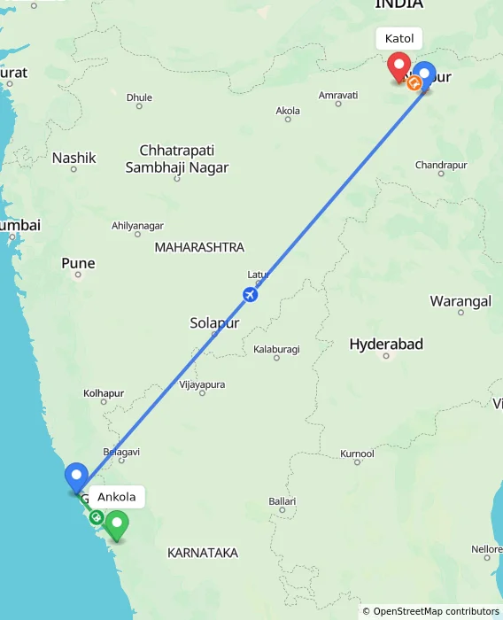 Route map showing distance and travel time from Ankola, India to Katol, India