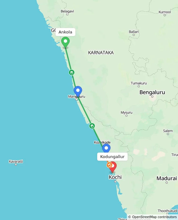 Route map showing distance and travel time from Ankola, India to Kodungallur, India