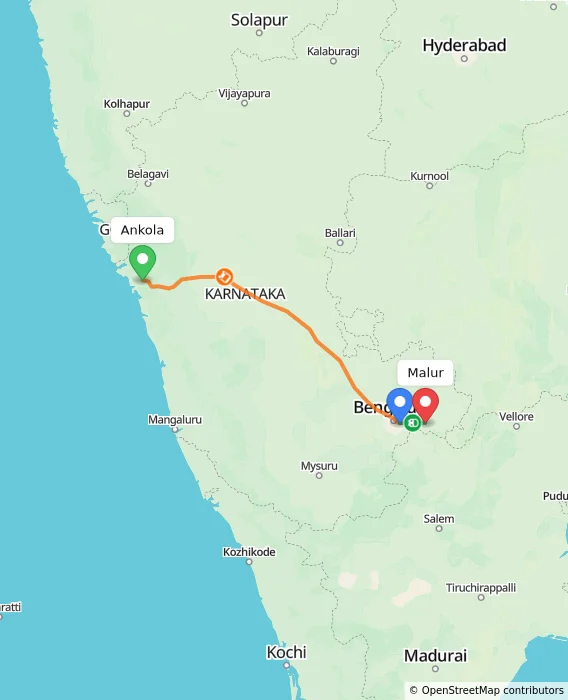 Route map showing distance and travel time from Ankola, India to Malur, India