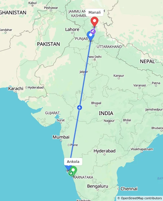 Route map showing distance and travel time from Ankola, India to Manali, India
