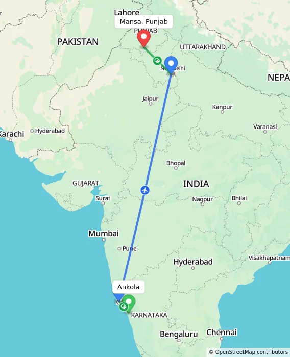 Route map showing distance and travel time from Ankola, India to Mansa, Punjab, India
