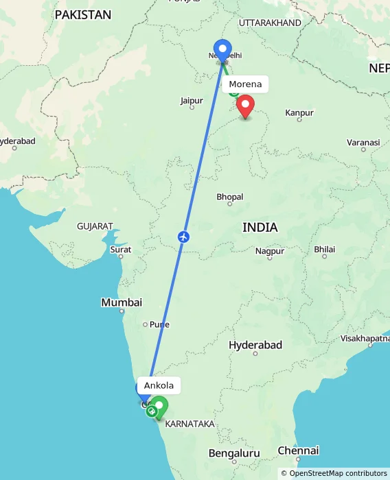 Route map showing distance and travel time from Ankola, India to Morena, India