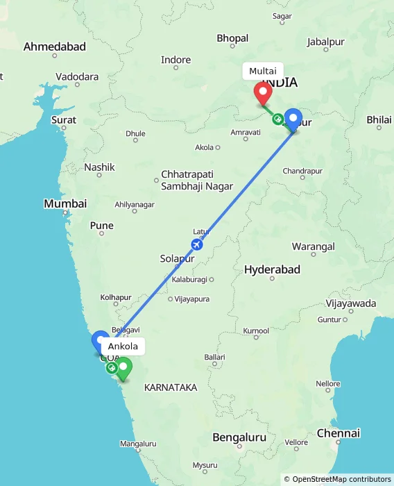 Route map showing distance and travel time from Ankola, India to Multai, India