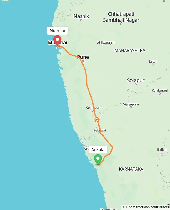 Route map showing distance and travel time from Ankola, India to Mumbai, India