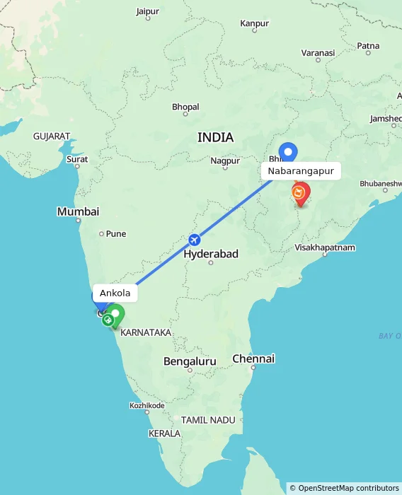 Route map showing distance and travel time from Ankola, India to Nabarangapur, India