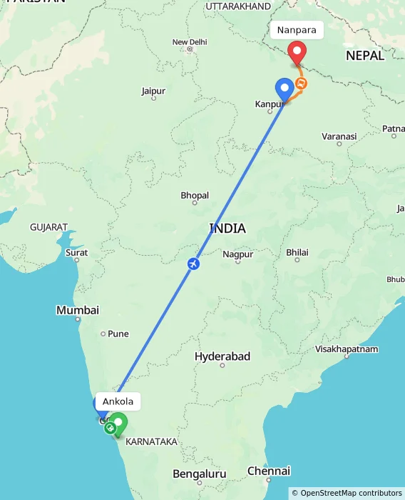 Route map showing distance and travel time from Ankola, India to Nanpara, India