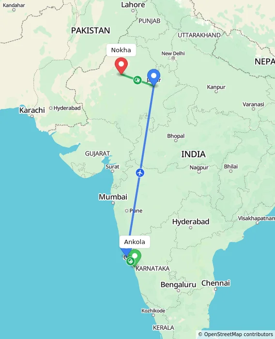 Route map showing distance and travel time from Ankola, India to Nokha, India