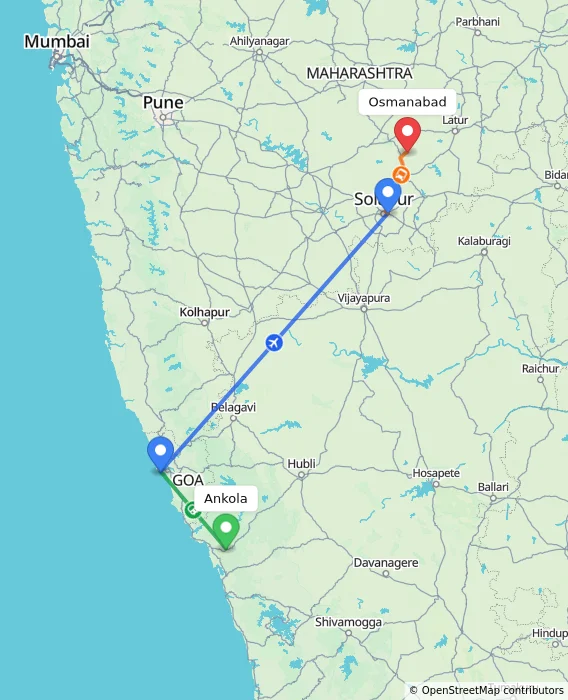 Route map showing distance and travel time from Ankola, India to Osmanabad, India