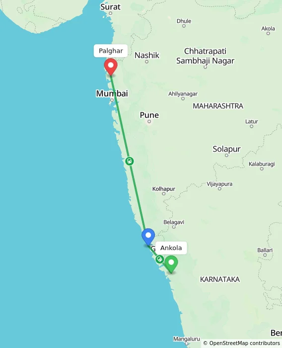 Route map showing distance and travel time from Ankola, India to Palghar, India