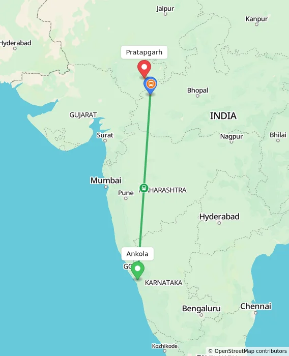 Route map showing distance and travel time from Ankola, India to Pratapgarh, India