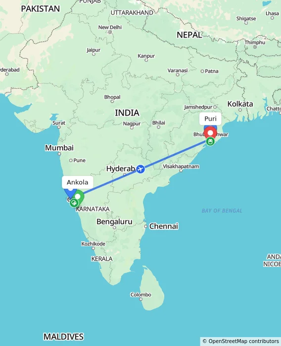 Route map showing distance and travel time from Ankola, India to Puri, India