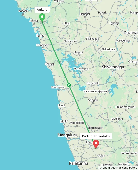 Route map showing distance and travel time from Ankola, India to Puttur, Karnataka, India