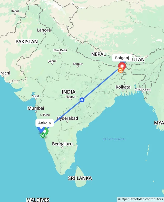 Route map showing distance and travel time from Ankola, India to Raiganj, India