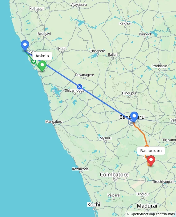 Route map showing distance and travel time from Ankola, India to Rasipuram, India