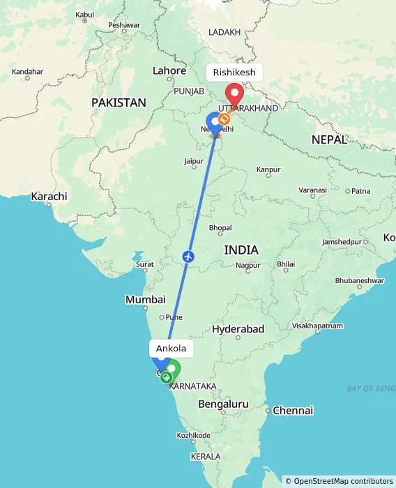Route map showing distance and travel time from Ankola, India to Rishikesh, India