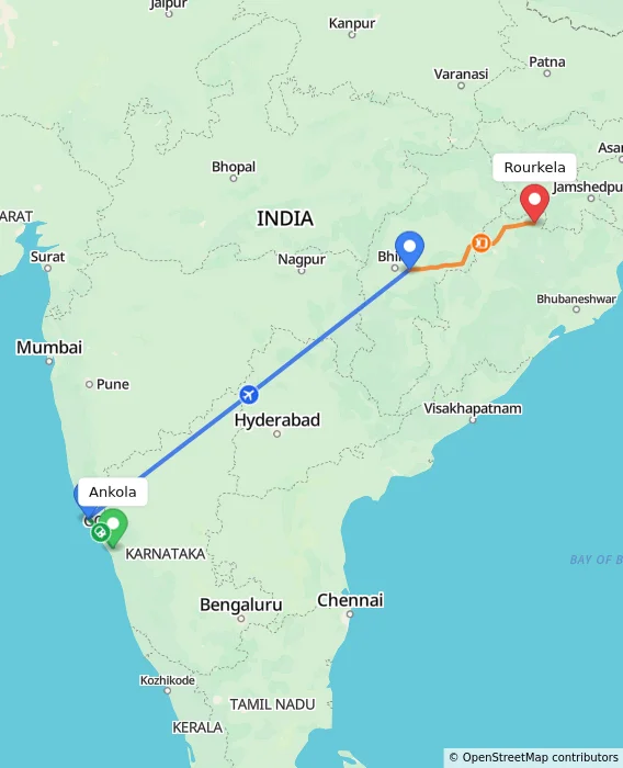 Route map showing distance and travel time from Ankola, India to Rourkela, India