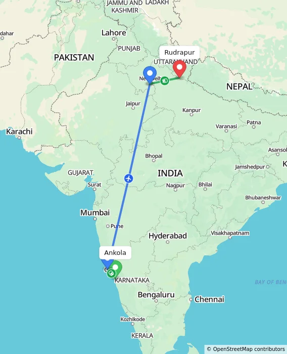 Route map showing distance and travel time from Ankola, India to Rudrapur, India