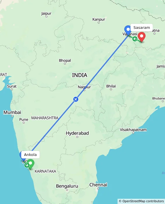 Route map showing distance and travel time from Ankola, India to Sasaram, India