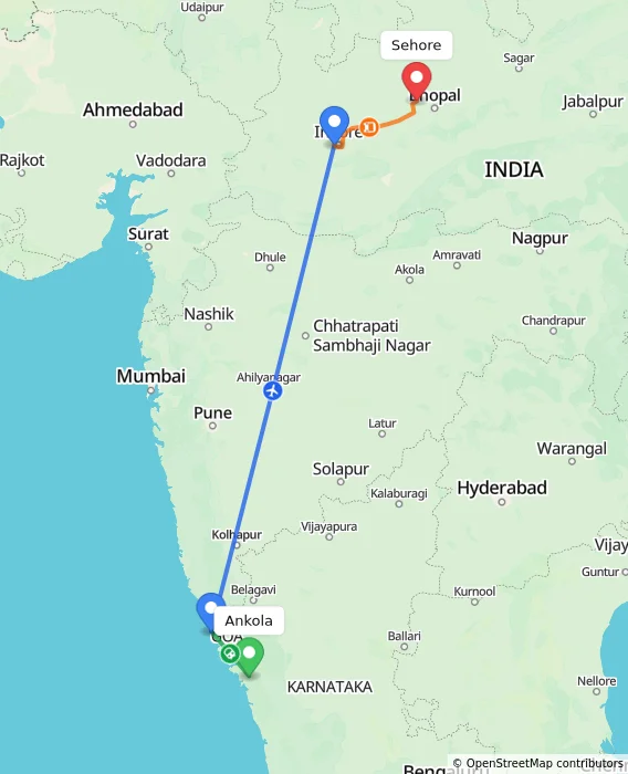 Route map showing distance and travel time from Ankola, India to Sehore, India
