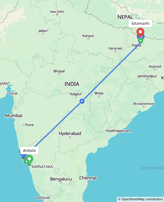 Route map showing distance and travel time from Ankola, India to Sitamarhi, India