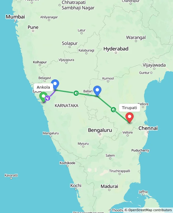 Route map showing distance and travel time from Ankola, India to Tirupati, India