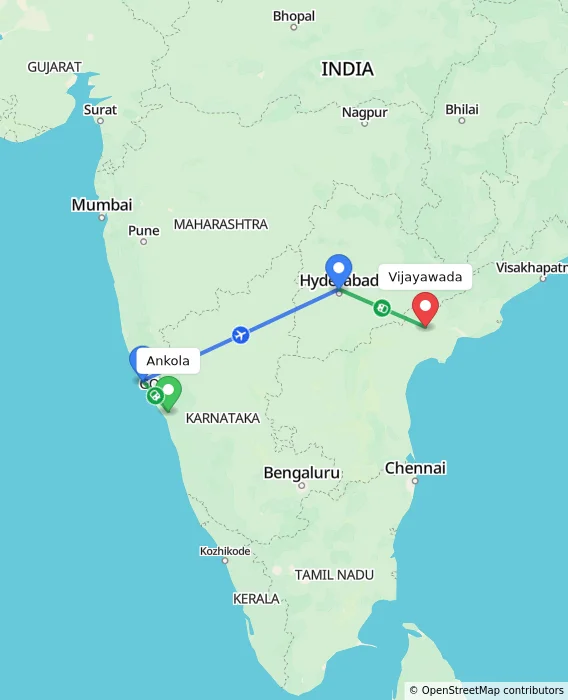 Route map showing distance and travel time from Ankola, India to Vijayawada, India