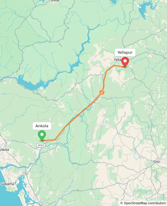 Route map showing distance and travel time from Ankola, India to Yellapur, India