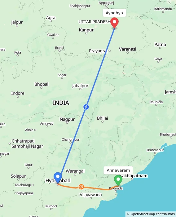 Route map showing distance and travel time from Annavaram, India to Ayodhya, India