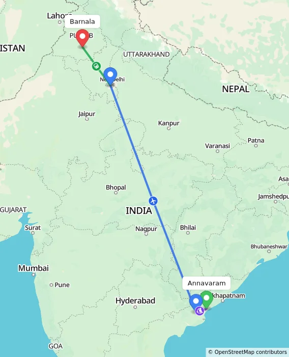 Route map showing distance and travel time from Annavaram, India to Barnala, India