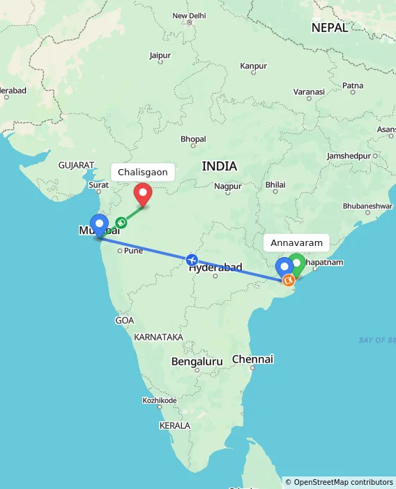 Route map showing distance and travel time from Annavaram, India to Chalisgaon, India