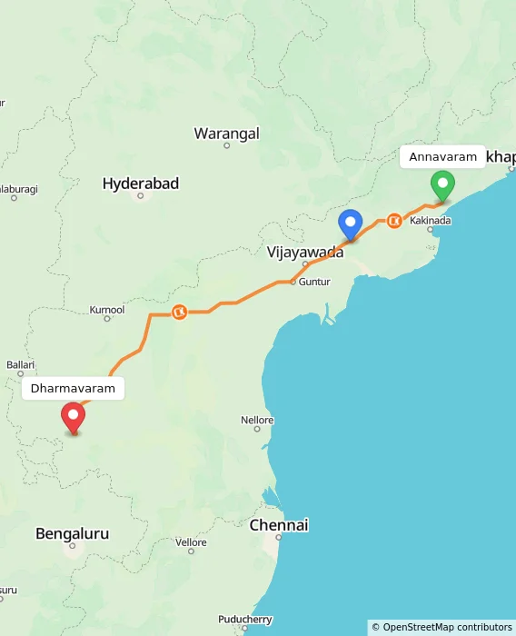 Route map showing distance and travel time from Annavaram, India to Dharmavaram, India