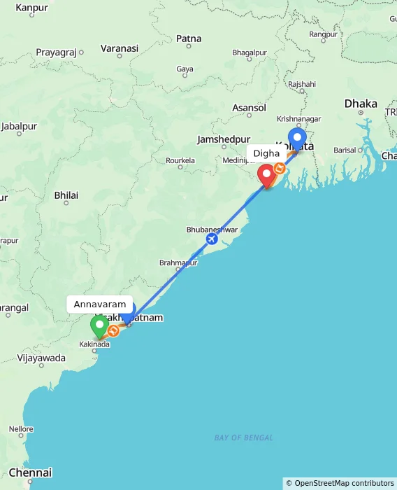 Route map showing distance and travel time from Annavaram, India to Digha, India