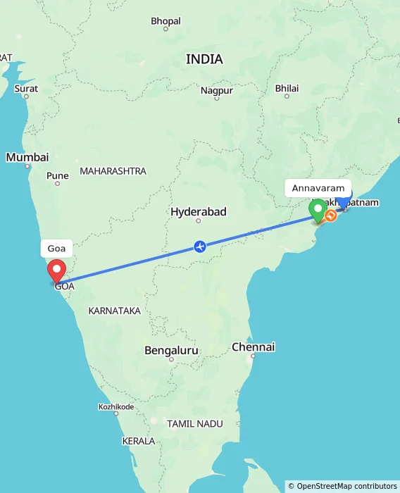 Route map showing distance and travel time from Annavaram, India to Goa, India