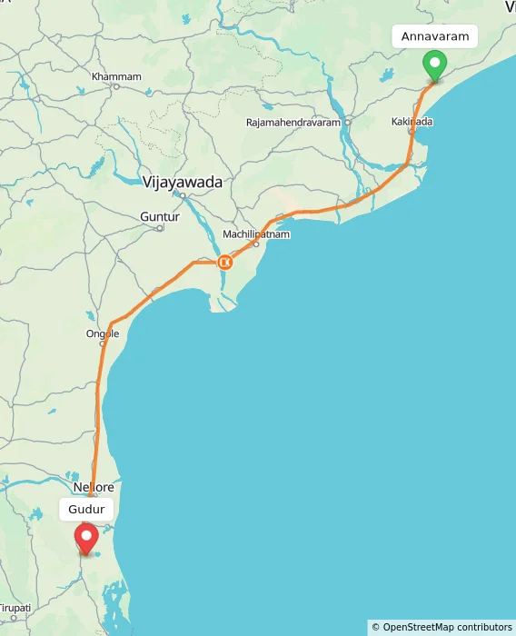 Route map showing distance and travel time from Annavaram, India to Gudur, India