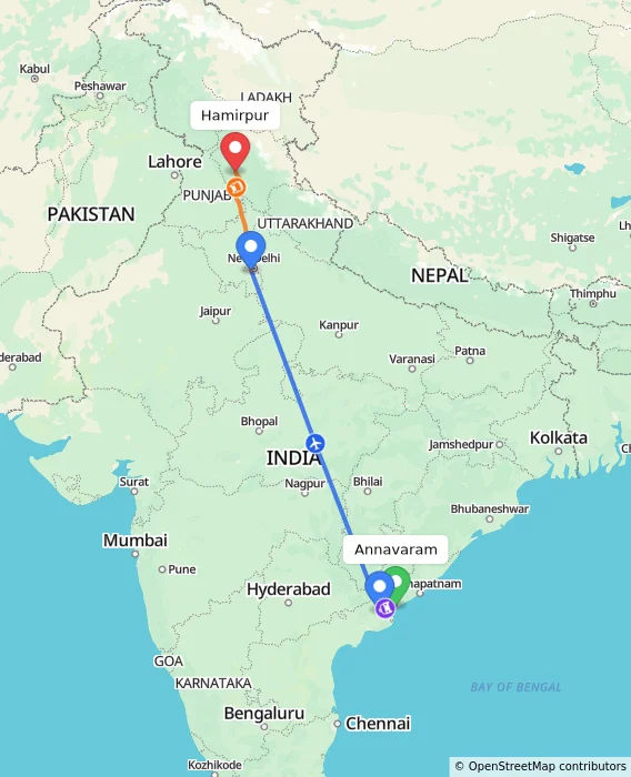 Route map showing distance and travel time from Annavaram, India to Hamirpur, India