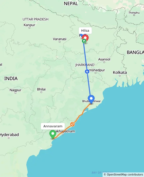 Route map showing distance and travel time from Annavaram, India to Hilsa, India
