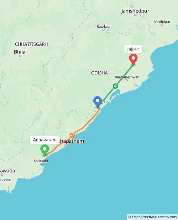 Route map showing distance and travel time from Annavaram, India to Jajpur, India