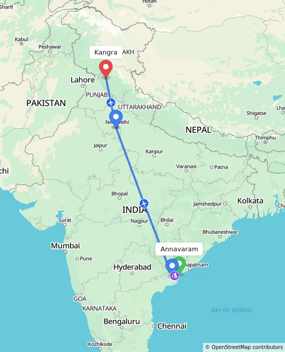 Route map showing distance and travel time from Annavaram, India to Kangra, India