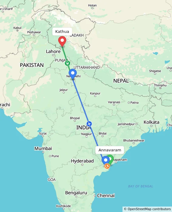 Route map showing distance and travel time from Annavaram, India to Kathua, India
