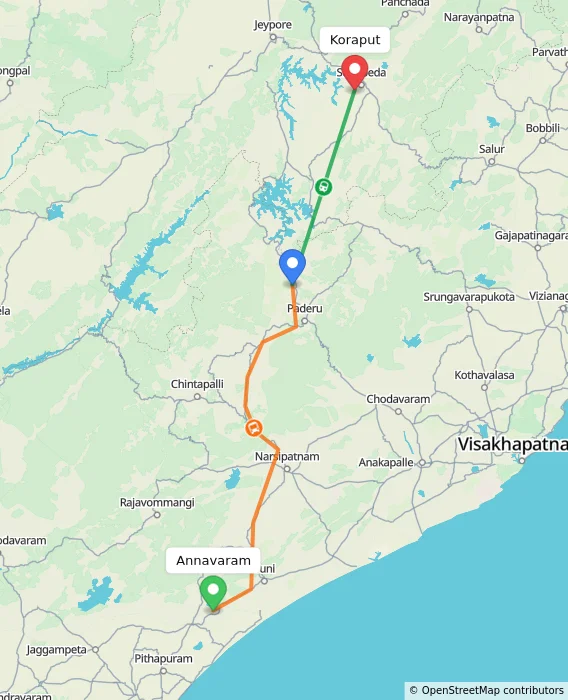 Route map showing distance and travel time from Annavaram, India to Koraput, India