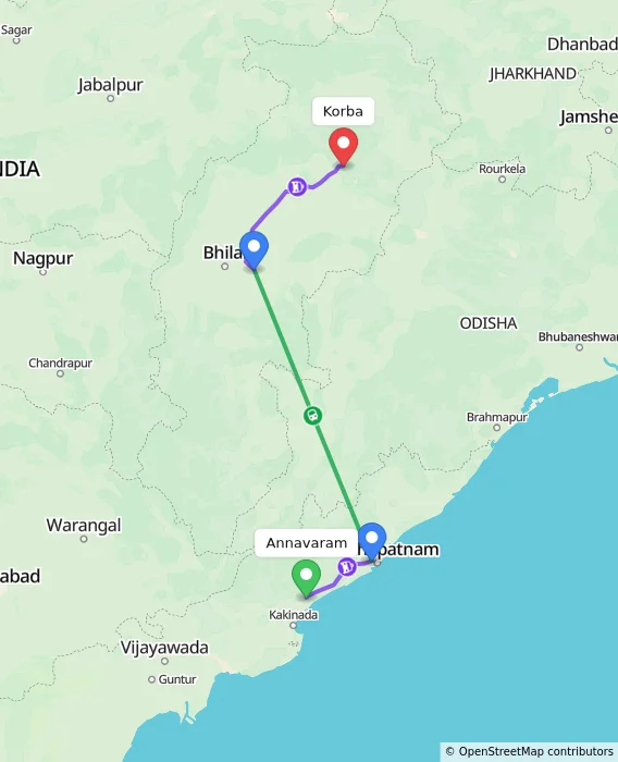 Route map showing distance and travel time from Annavaram, India to Korba, India