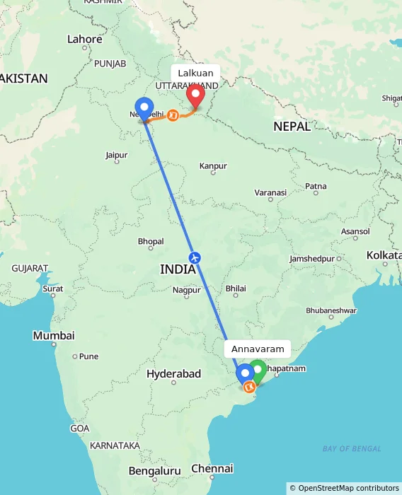 Route map showing distance and travel time from Annavaram, India to Lalkuan, India