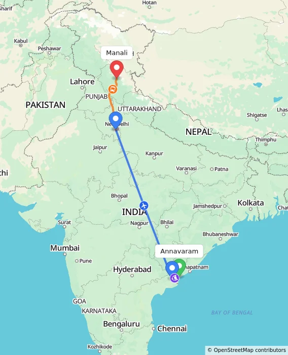 Route map showing distance and travel time from Annavaram, India to Manali, India