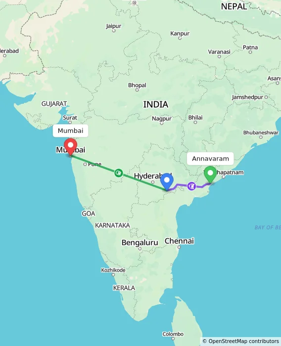 Route map showing distance and travel time from Annavaram, India to Mumbai, India