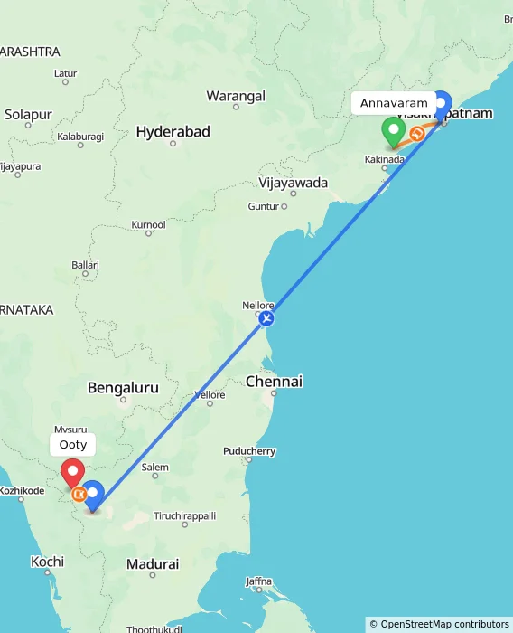 Route map showing distance and travel time from Annavaram, India to Ooty, India