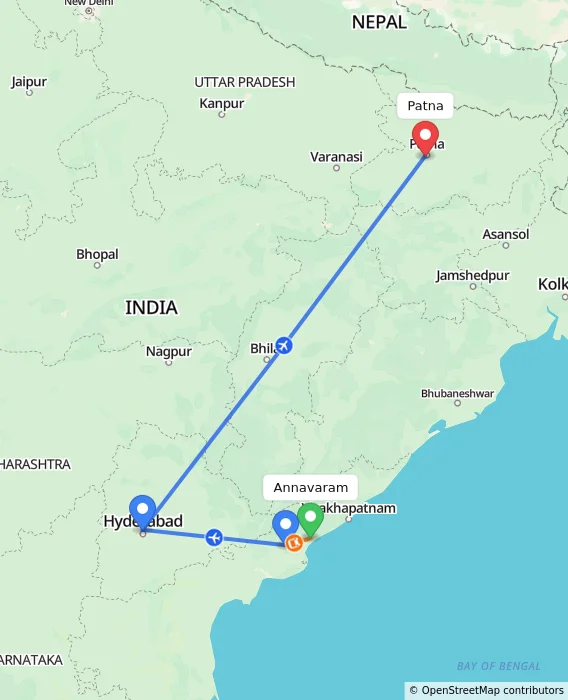 Route map showing distance and travel time from Annavaram, India to Patna, India