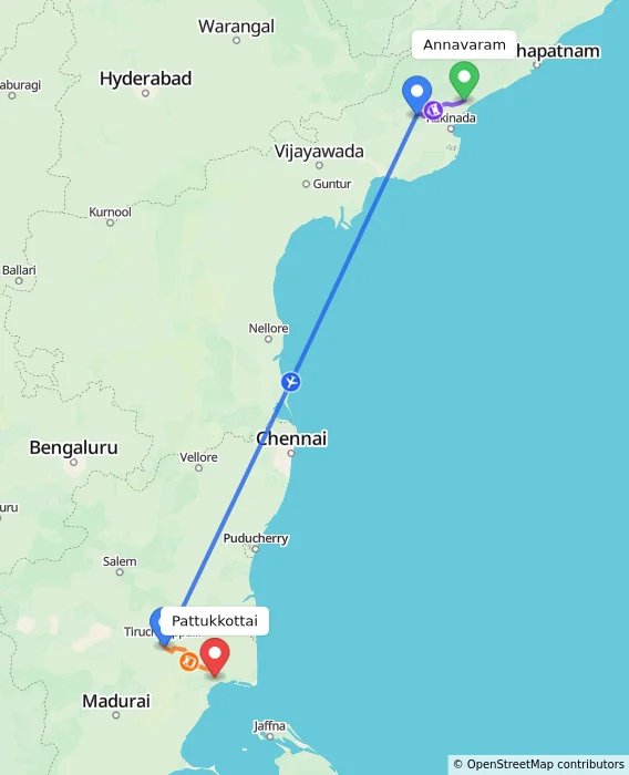 Route map showing distance and travel time from Annavaram, India to Pattukkottai, India