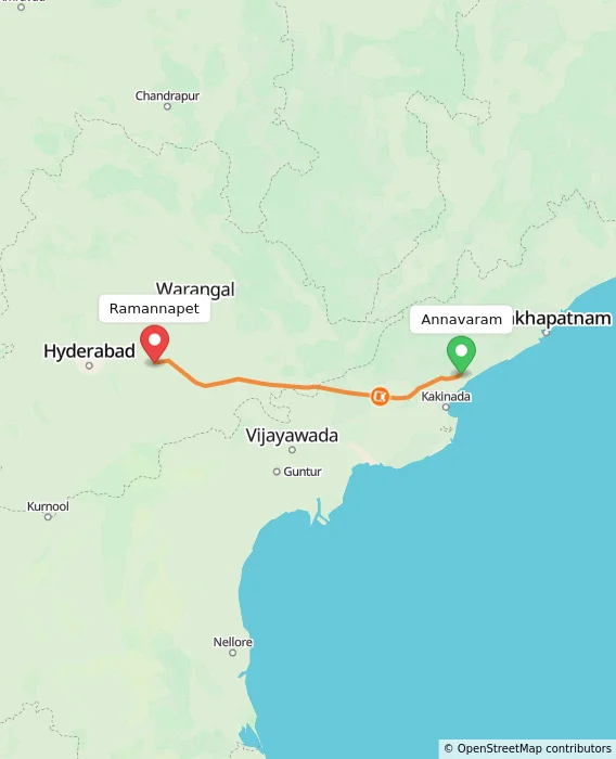 Route map showing distance and travel time from Annavaram, India to Ramannapet, India
